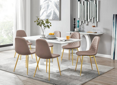 Furniturebox Imperia White High Gloss 6 Seater Dining Table With Structural 2 Plinth Column Legs 6 Beige Faux Leather Gold Leg Corona Chairs - image 1