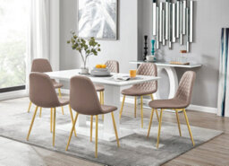Furniturebox Imperia White High Gloss 6 Seater Dining Table With Structural 2 Plinth Column Legs 6 Beige Faux Leather Gold Leg Corona Chairs