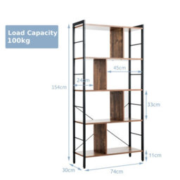 Costway 5-Tier Bookshelf Industrial Bookcase Freestanding Storage Display Shelf - thumbnail 2