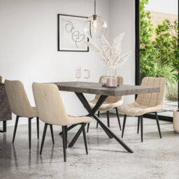 More4Homes Donni Dining Table And Chairs -  Concrete Effect Table Top W Black Legs + Nova Velvet Dining Chair Set Of 6 (Beige)