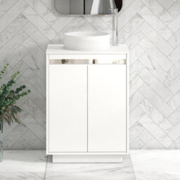 Royal Bathrooms Orion 600mm Matt White Floor Standing Plain White Countertop Vanity Unit 2 Door With Round Basin & Chrome Accent Trim - thumbnail 2