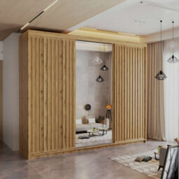 M N Furniture Ltd Wardrobe With Led Light - Modern Sliding Wardrobe - 2 Or 3 Door Bedroom Cabinet With Mirror (Oak/oak, 250Cm) - thumbnail 1