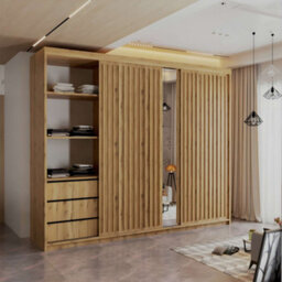 M N Furniture Ltd Wardrobe With Led Light - Modern Sliding Wardrobe - 2 Or 3 Door Bedroom Cabinet With Mirror (Oak/oak, 250Cm) - thumbnail 2