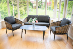 Sh&g Bolingbroke 4 Seat Garden Furniture Set - 4 Piece Table Sofa & Chairs - Aluminium & Brown Rattan With Grey Cushions - Outdoor - thumbnail 5