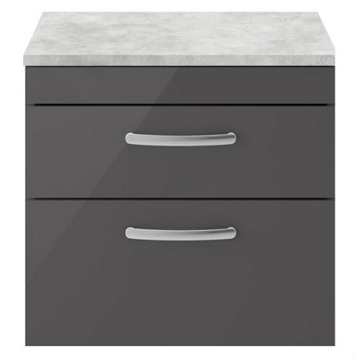 Balterley Millwich Contemporary 2 Drawer Wall Hung Vanity Unit With Laminate Black Galaxy Granite Worktop, Gloss Grey, 600mm - image 1