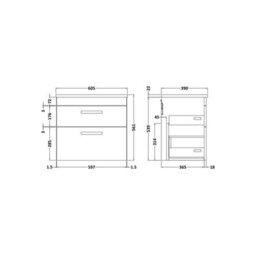 Balterley Millwich Contemporary 2 Drawer Wall Hung Vanity Unit With Laminate Black Galaxy Granite Worktop, Gloss Grey, 600mm - thumbnail 2