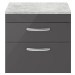 Balterley Millwich Contemporary 2 Drawer Wall Hung Vanity Unit With Laminate Black Galaxy Granite Worktop, Gloss Grey, 600mm - thumbnail 1