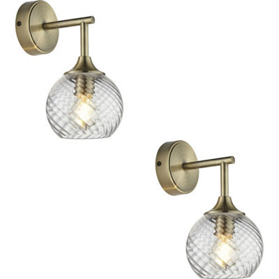Loops 2 Pack Indoor Antique Brass Plate Wall Light - Clear Spiral Glass Shade - Dimmable 7W Led E14 - image 1