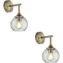 Loops 2 Pack Indoor Antique Brass Plate Wall Light - Clear Spiral Glass Shade - Dimmable 7W Led E14 - thumbnail 1