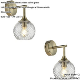 Loops 2 Pack Indoor Antique Brass Plate Wall Light - Clear Spiral Glass Shade - Dimmable 7W Led E14 - thumbnail 2
