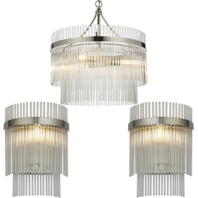 Loops 3 Light Ceiling Pendant & 2X Matching Wall Lamps - Polsihed Nickel Decorative Glass Rod Shades - image 1