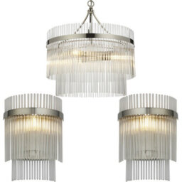 Loops 3 Light Ceiling Pendant & 2X Matching Wall Lamps - Polsihed Nickel Decorative Glass Rod Shades - thumbnail 1