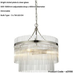 Loops 3 Light Ceiling Pendant & 2X Matching Wall Lamps - Polsihed Nickel Decorative Glass Rod Shades - thumbnail 3