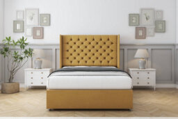 "Sloomy Dior Mustard Plush Divan Bed With Mattress 2 Drawers Foot-End With 54"" Wingback Headboard 4'6 Double" - thumbnail 1