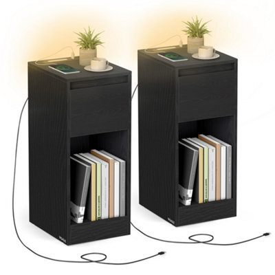 LEDREM Slim Bedside Tables With Charging Station And Led Light, Set Of 2 Narrow Side End Tables, Usb Ports - image 1