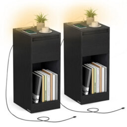LEDREM Slim Bedside Tables With Charging Station And Led Light, Set Of 2 Narrow Side End Tables, Usb Ports - thumbnail 1