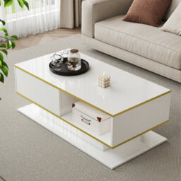 Btm High Gloss Led Coffee Table 100Cm, Gold Accents, 3 Drawers, Usb Led Light Strip - thumbnail 7