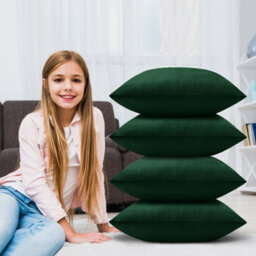Ameha Dark Green Plain Velvet Cushion Covers, 18X18 Inch, Pack Of 4, Breathable & Hypoallergenic With Hidden Zip Closure