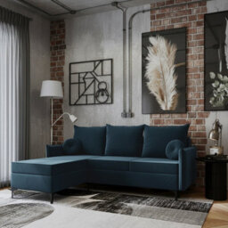 Leon L Mdf Upholstered Corner Sofa Bed With Dl Mechanism Bonell Spring Metal Legs Storage 213X168X101Cm Blue Left - thumbnail 1