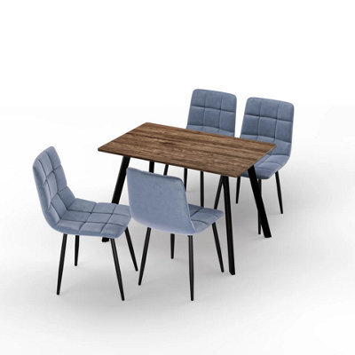 Urbn-Living Urbn Living 110Cm Dining Table & 4 Pcs Velvet Chairs Set Modern Metal Kitchen Furniture Rustic Oak Table And Madison Blue Chair - image 1