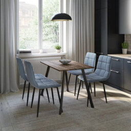 Urbn-Living Urbn Living 110Cm Dining Table & 4 Pcs Velvet Chairs Set Modern Metal Kitchen Furniture Rustic Oak Table And Madison Blue Chair - thumbnail 3