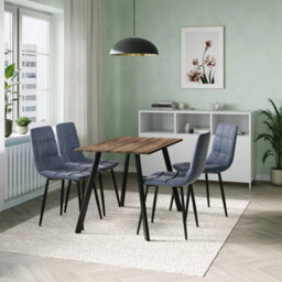 Urbn-Living Urbn Living 110Cm Dining Table & 4 Pcs Velvet Chairs Set Modern Metal Kitchen Furniture Rustic Oak Table And Madison Blue Chair - thumbnail 2