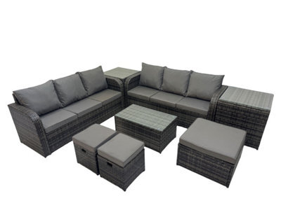 Fimous Outdoor 3 Seater Sofa Coffee Table Set Garden Rattan Furniture Set 9 Seater With 3 Stool 2 Side Tables Dark Grey - image 1