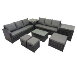 Fimous Outdoor 3 Seater Sofa Coffee Table Set Garden Rattan Furniture Set 9 Seater With 3 Stool 2 Side Tables Dark Grey - thumbnail 1