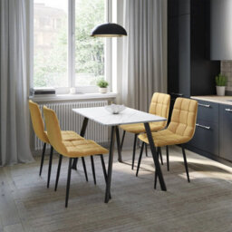 Urbn-Living Urbn Living 110Cm Dining Table & 4 Pcs Velvet Chairs Set Modern Metal Kitchen Furniture White Marbletable And Curly Yellow Chair - thumbnail 2