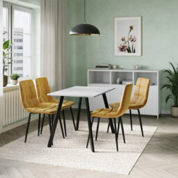 Urbn-Living Urbn Living 110Cm Dining Table & 4 Pcs Velvet Chairs Set Modern Metal Kitchen Furniture White Marbletable And Curly Yellow Chair - thumbnail 3