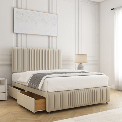 Bsspoke Rosie Divan Bed Set Cream Plush Velvet 24Inch Headboard & Footboard & 2 Drawers Same Side & Mattress In All Sizes - image 1