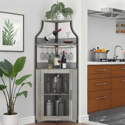 Corner Bar Cabinet With Wine Rack & Glass Holder,4 Tier Bar Unit With Mesh Door - image 1