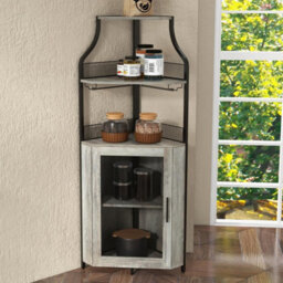 Corner Bar Cabinet With Wine Rack & Glass Holder,4 Tier Bar Unit With Mesh Door - thumbnail 7