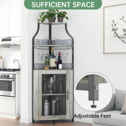 Corner Bar Cabinet With Wine Rack & Glass Holder,4 Tier Bar Unit With Mesh Door - thumbnail 2