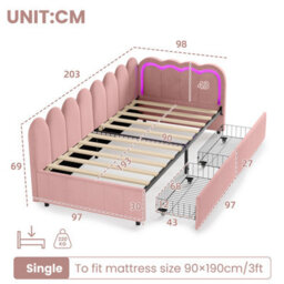 Abrihome 3Ft Single Daybed With Smart Rgb Led Lights And 2 Storage Drawers, Modern Velvet Youth Bed, Pink (No Mattress) - thumbnail 3