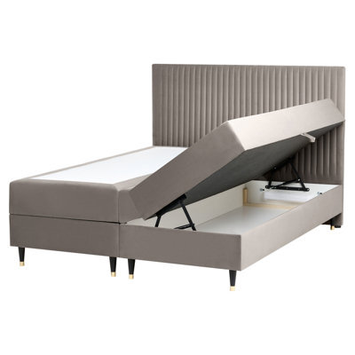 Beliani Divan Bed With Storage Velvet Dame 160 X 200 Cm (Eu King Size) Taupe - image 1