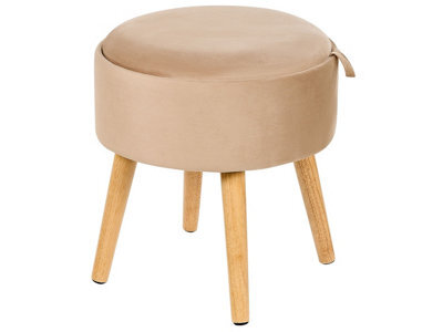 Wyld And Coco Home Velvet Stool With Tray Top Beige - Compact Round Padded Stool With Rubberwood Legs, W39 X D39 X H43Cm - image 1