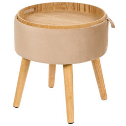 Wyld And Coco Home Velvet Stool With Tray Top Beige - Compact Round Padded Stool With Rubberwood Legs, W39 X D39 X H43Cm - thumbnail 3