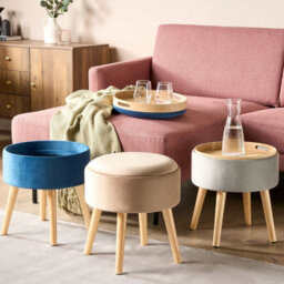Wyld And Coco Home Velvet Stool With Tray Top Beige - Compact Round Padded Stool With Rubberwood Legs, W39 X D39 X H43Cm - thumbnail 2