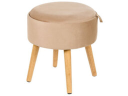 Wyld And Coco Home Velvet Stool With Tray Top Beige - Compact Round Padded Stool With Rubberwood Legs, W39 X D39 X H43Cm - thumbnail 1