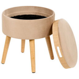 Wyld And Coco Home Velvet Stool With Tray Top Beige - Compact Round Padded Stool With Rubberwood Legs, W39 X D39 X H43Cm - thumbnail 5