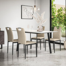 More4Homes Haydon Extending Dining Table + Chairs- White Marble Effect Table Top W Black Legs + 4 Monza Faux Leather Dining Chairs (Beige)