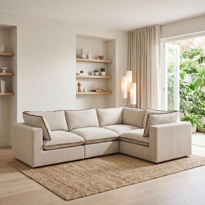 Furniturebox Uk Echo Cream & Green Trim Linen-Look Fabric 3 Seater Modular Corner Sofa - image 1
