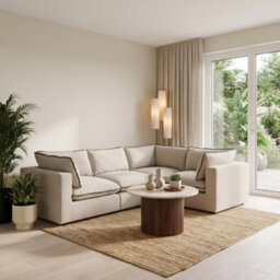 Furniturebox Uk Echo Cream & Green Trim Linen-Look Fabric 3 Seater Modular Corner Sofa - thumbnail 5