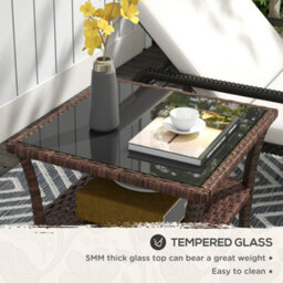Outsunny 50Cm Outdoor Pe Rattan Coffee Table, Two-Tier Side Table With Glass Top, Brown - thumbnail 6