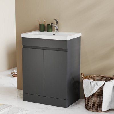 Probaty Bathrooms Vanity Unit Matte Anthracite Mdf,600X390X800mm,freestanding,detachable,2 Doors With Artificial Stone Basin - image 1