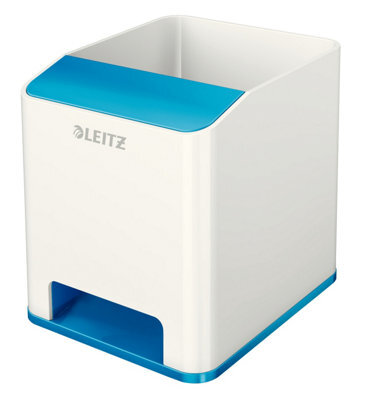 Leitz Wow White Metallic Blue Plastic Home Office Desk Storage Organiser Square Sound Boosting Pen Pencil Stationery Holder Pot - image 1