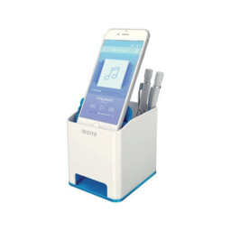 Leitz Wow White Metallic Blue Plastic Home Office Desk Storage Organiser Square Sound Boosting Pen Pencil Stationery Holder Pot - thumbnail 5