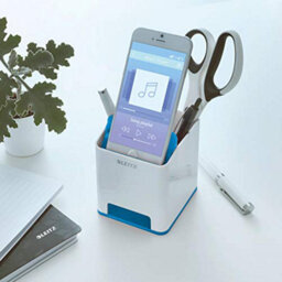 Leitz Wow White Metallic Blue Plastic Home Office Desk Storage Organiser Square Sound Boosting Pen Pencil Stationery Holder Pot - thumbnail 4
