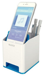 Leitz Wow White Metallic Blue Plastic Home Office Desk Storage Organiser Square Sound Boosting Pen Pencil Stationery Holder Pot - thumbnail 2